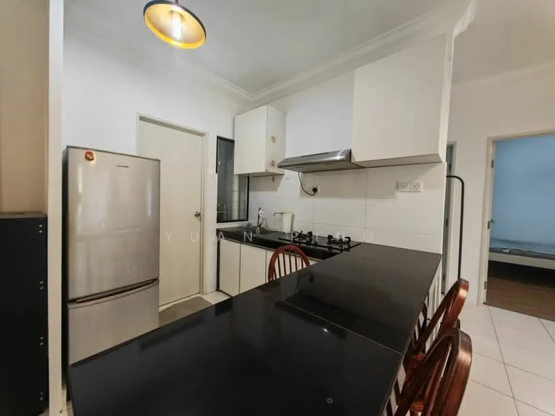 Kitchen features: black granite countertop, white cabinetry, stainless-steel fridge, built-in gas stove, stainless-steel range hood, single-bowl stainless-steel sink, chrome pull-down faucet, pendant light, tile flooring, wall-mounted cabinets, open shelving, bar seating with wooden stools; style: modern.