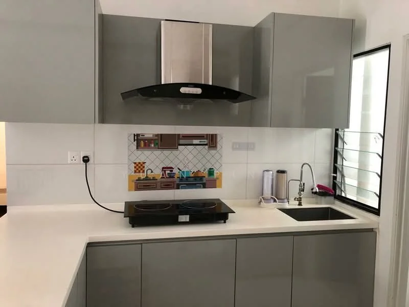 Kitchen features: grey flat-panel cabinets, white countertop, stainless-steel range hood, built-in induction cooktop, single-bowl stainless-steel sink, chrome pull-down faucet, white tiled backsplash, window with security bars; style: modern.