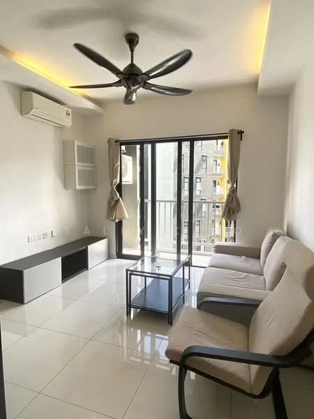 Living features: 3-seater fabric sofa in beige, 2-seater fabric sofa in beige, glass coffee table, wall-mounted split AC, floor-to-ceiling windows, sliding glass door, white painted walls, glossy tile flooring, ceiling fan with light, curtains, TV console, decorative wall shelf; style: modern; view: city.