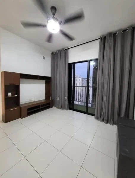 Living features: white painted walls, ceramic tile flooring, 5-blade ceiling fan with light, floor-to-ceiling windows, grey curtains, built-in TV console, open shelving, view of city skyline; style: modern; view: city.