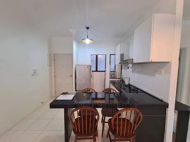 Kitchen features: black granite countertop, white cabinetry, stainless-steel sink, 4-burner gas hob, built-in oven, refrigerator, pendant light, tile flooring, wall-mounted cabinets, open layout, window with view to outside; style: modern.