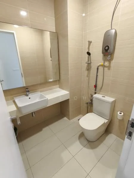 Bathroom features: cream tiled walls, white ceramic floor tiles, single-sink vanity with wall-mounted faucet, large wall mirror, one-piece toilet, shower with handheld showerhead, water heater unit, wall-mounted soap dispenser, towel holder; style: modern.