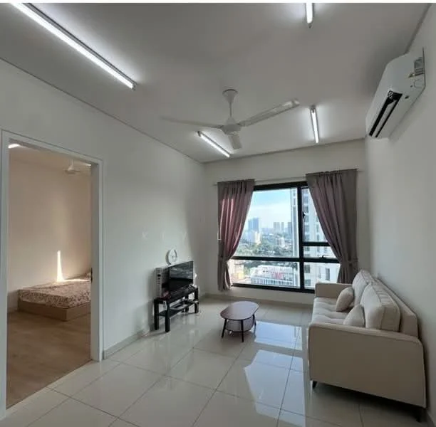 Living features: white painted walls, glossy tile flooring, 5-blade ceiling fan with light, floor-to-ceiling windows, curtains in light grey, sofa in cream, coffee table, wall-mounted TV, air conditioning unit; style: modern; view: city. Bedroom features: white painted walls, wooden flooring, single bed with patterned bedding, ceiling fan, window with natural light.