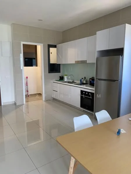 Kitchen features: white flat-panel cabinets, stainless-steel fridge, built-in oven, 4-burner gas hob, single-bowl stainless-steel sink, chrome pull-down faucet, white quartz countertop, ceramic tile backsplash, recessed downlights, grey tiled walls, grey tile flooring, dining table with wooden legs, white dining chairs; style: modern. Room features: door leading to bathroom, white walls.