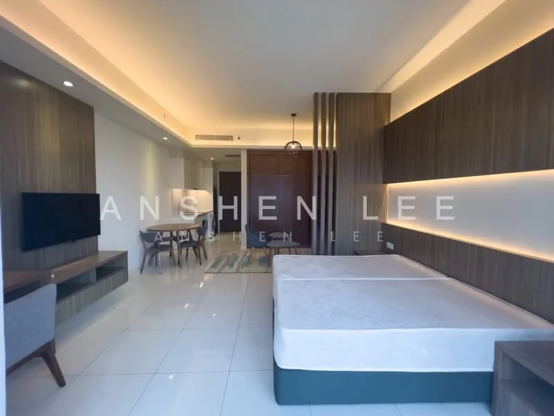 Room features: white walls, recessed lighting, glossy tile flooring, built-in wooden cabinetry, wall-mounted TV, dining table with chairs, large window, neutral color palette, open layout, ceiling with cove lighting; style: modern.