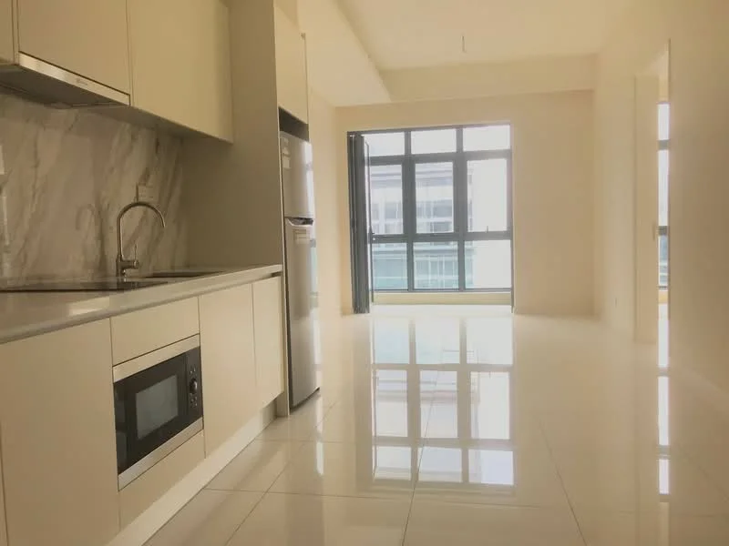 Kitchen features: white cabinetry, marble backsplash, stainless-steel sink, chrome faucet, built-in microwave, freestanding fridge, granite countertop, polished ceramic tile flooring, recessed downlights, floor-to-ceiling windows, open layout to living area; style: modern; view: city. Living features: large windows, natural light, polished ceramic tile flooring, neutral wall color; style: modern; view: city.