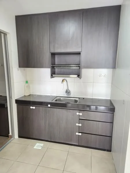 Kitchen features: dark wood cabinetry, black granite countertop, single-bowl stainless-steel sink, chrome pull-down faucet, built-in dish rack above sink, white tiled backsplash, cream tiled flooring, drawer handles, kitchen cabinet with sliding doors; style: modern.