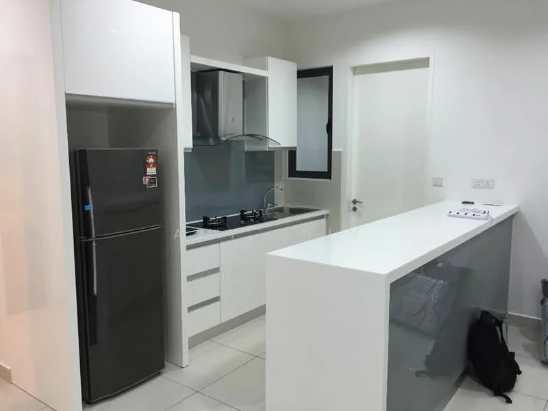 Kitchen features: white cabinetry, grey backsplash, stainless-steel range hood, 2-burner gas hob, single-bowl stainless-steel sink, chrome pull-down faucet, built-in oven, black refrigerator, white countertop, tile flooring, window, door, open layout; style: modern.