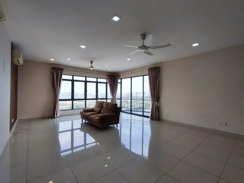 Living features: floor-to-ceiling windows, beige leather sofa, 5-blade ceiling fan with light, recessed LED downlights, cream painted walls, glossy ceramic tile flooring, curtains, open layout, view of city skyline; style: modern; view: city.
