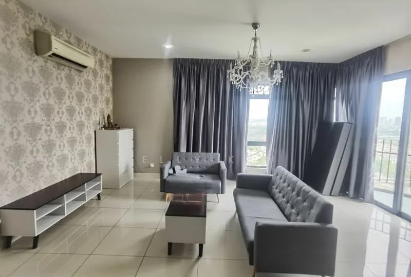 Living features: grey fabric 3-seater sofa, 2 grey fabric armchairs, white TV console with open shelving, dark wood coffee table, white wallpaper with floral pattern, floor-to-ceiling windows, grey curtains, air conditioning unit, chandelier, glossy white tile flooring; style: modern; view: city.