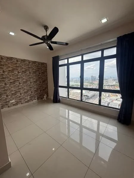 Living features: large floor-to-ceiling windows, grey stone accent wall, white painted walls, glossy ceramic tile flooring, 5-blade ceiling fan with light, dark blue curtains, city view, recessed LED downlights; style: modern; view: city.