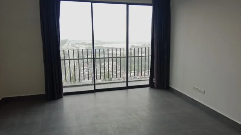 Room features: floor-to-ceiling windows, blackout curtains, grey tiled flooring, white painted walls, balcony view, city skyline view; style: modern; view: city.