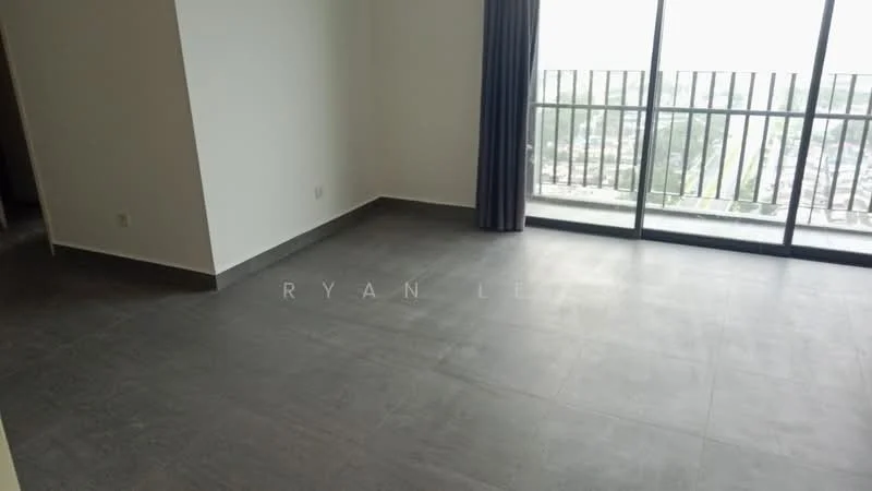 Room features: grey tile flooring, white painted walls, floor-to-ceiling windows, curtains, city view, balcony access; style: modern; view: city.