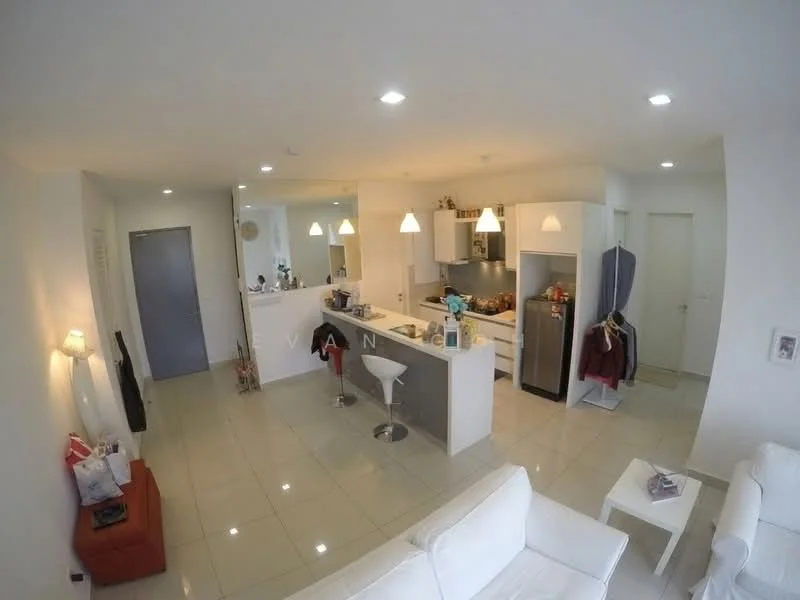 Living features: white painted walls, glossy tile flooring, recessed downlights, 3-seater fabric sofa in white, coffee table, bar stool at kitchen island, open-plan layout with kitchen, floor-to-ceiling windows, decorative wall art, small side table, kitchen island with breakfast bar; style: modern. Kitchen features: grey cabinetry, stainless-steel fridge, built-in oven, 4-burner gas hob, single-bowl stainless-steel sink, chrome pull-down faucet, white quartz countertop, pendant lighting above island; style: modern.