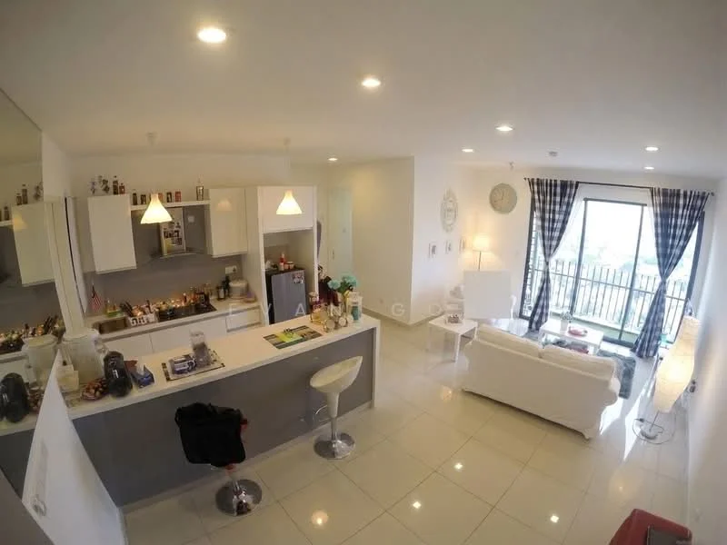Living features: white walls, glossy white tile flooring, floor-to-ceiling windows, sliding glass door, blackout curtains, white sofa, coffee table, pendant lamp, wall clock, open kitchen layout, bar stools, kitchen island, decorative wall mirror; style: modern; view: city. Kitchen features: white cabinetry, stainless-steel appliances, granite countertop, single-bowl stainless-steel sink, chrome pull-down faucet, built-in oven, freestanding range oven, microwave; style: modern.