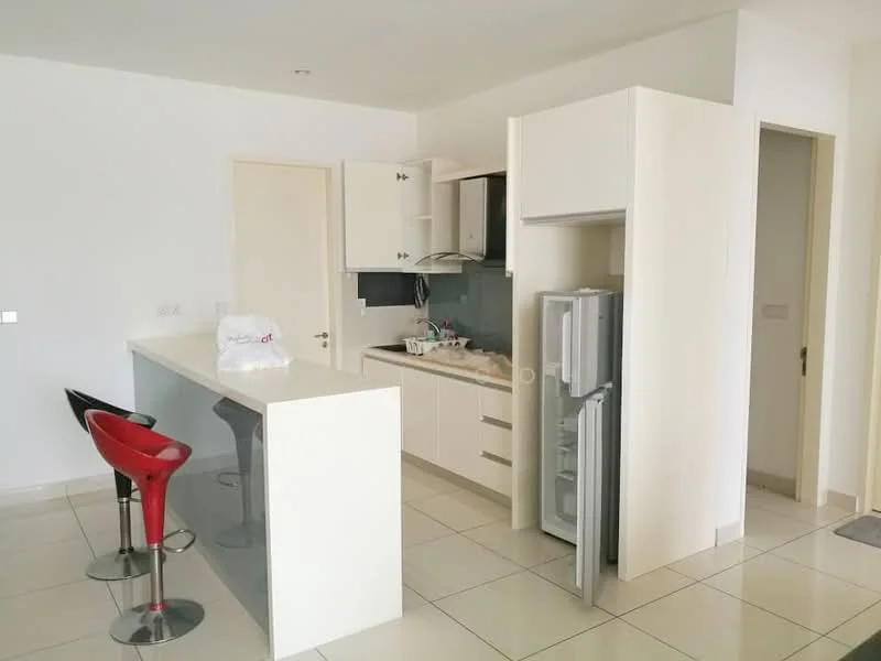 Kitchen features: white cabinetry, black countertop, stainless-steel fridge, built-in oven, 4-burner gas hob, single-bowl stainless-steel sink, chrome pull-down faucet, bar counter with seating, red bar stools, ceramic tile flooring, white painted walls, recessed downlights; style: modern.