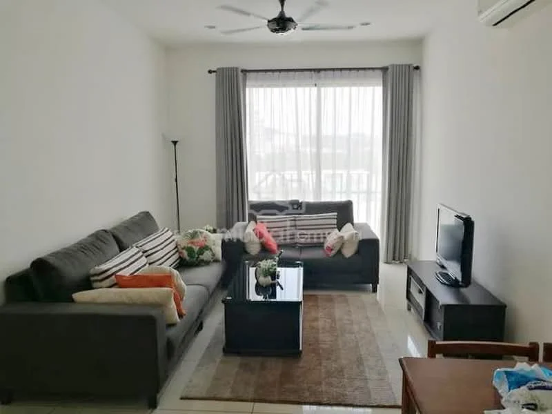 Living features: 3-seater fabric sofa in grey, 2-seater fabric sofa in grey, decorative cushions, coffee table with glass top, TV console, wall-mounted TV, area rug with neutral tones, floor lamp, ceiling fan, curtains, large window with sheer curtains, white painted walls, tile flooring; style: modern.