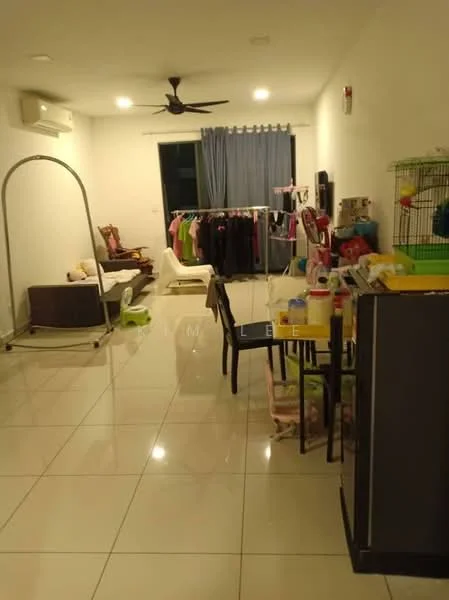 Living features: white painted walls, glossy ceramic tile flooring, 5-blade ceiling fan, wall-mounted split AC, large window with curtain, sofa, clothes drying rack, pet cage, dining table with chairs, open layout.