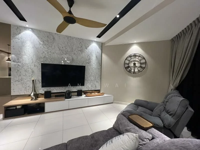 Living features: grey fabric sectional sofa, wooden side table, large flat-screen TV, white TV console with storage, marble accent wall, recessed LED downlights, 5-blade ceiling fan, decorative wall clock, dark curtains, white tiled flooring; style: modern.