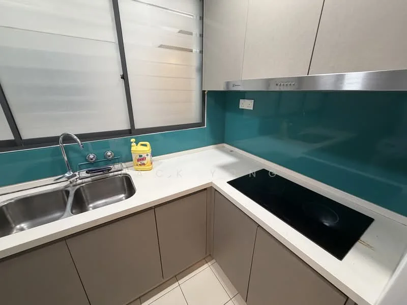Kitchen features: double-bowl stainless-steel sink, chrome pull-down faucet, quartz countertop, turquoise backsplash, built-in induction hob, light grey cabinetry, under-cabinet lighting, tile flooring; style: modern.