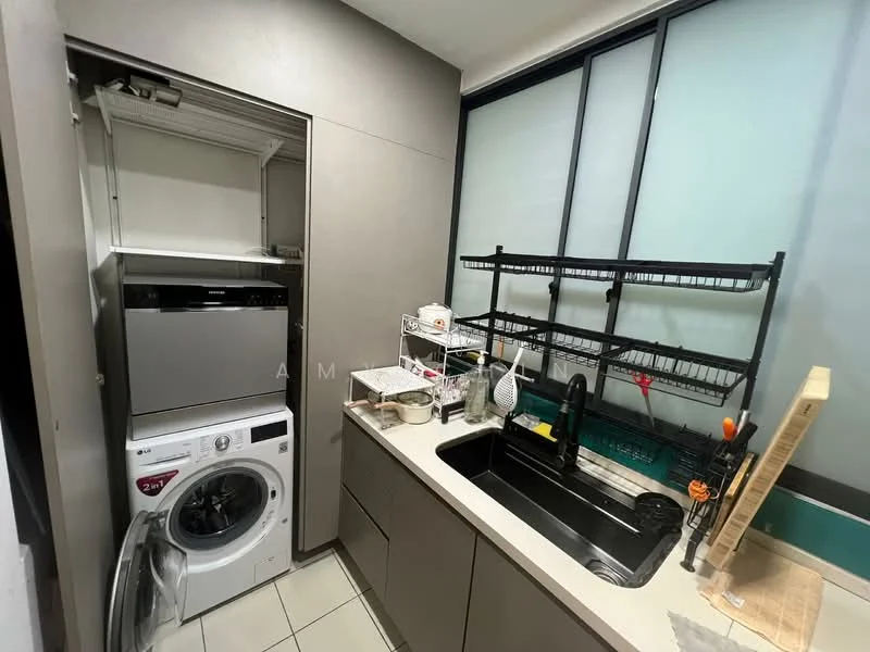 Laundry features: front-load washing machine, built-in dryer, single-bowl stainless-steel sink, chrome pull-down faucet, grey cabinetry, open shelving, tile flooring, white walls; style: modern.