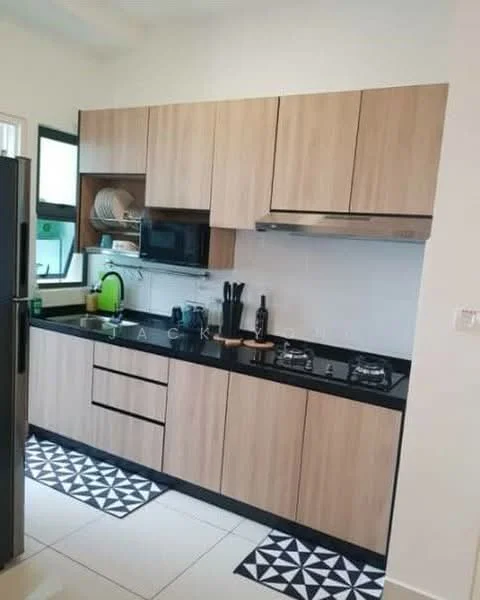 Kitchen features: wood cabinetry with light wood finish, black granite countertop, stainless-steel range hood, 2-burner gas hob, built-in microwave, stainless-steel fridge, black and white patterned floor tiles, sink with chrome faucet, open shelving, kitchen utensils on countertop; style: modern.