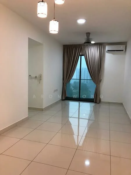 Living features: white painted walls, glossy ceramic tile flooring, 5-blade ceiling fan with light, recessed LED downlights, floor-to-ceiling sliding glass door, sheer curtains, air conditioning unit, decorative pendant lights; style: modern; view: city.