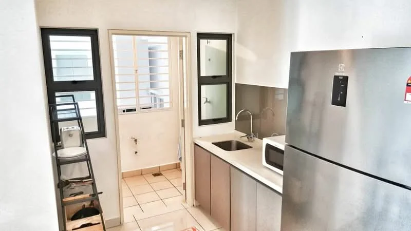 Kitchen features: stainless-steel fridge, single-bowl stainless-steel sink, chrome pull-down faucet, laminate countertop, grey flat-panel cabinets, built-in microwave, tile flooring, window with security grille, door leading to utility area, light fixture, open shelving, wall-mounted cabinet; style: modern.