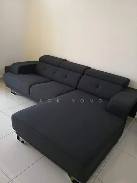 Living features: L-shape sectional sofa in dark grey, tufted upholstery, chrome legs, white tiled flooring, plain white walls, neutral color scheme; style: modern.