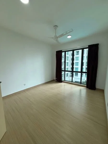 Room features: light wood laminate flooring, white painted walls, 5-blade ceiling fan with light, floor-to-ceiling windows, blackout curtains, natural light, open layout, no visible furniture; style: modern; view: garden.