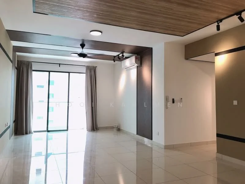 Living features: white painted walls, cream tiled flooring, wood panel ceiling, recessed downlights, 2-blade ceiling fan, floor-to-ceiling sliding glass door, sheer curtains, air conditioning unit, wall-mounted intercom, decorative wall paneling; style: modern.