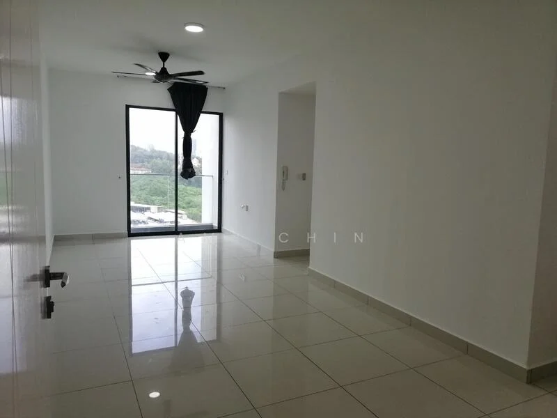 Living features: white painted walls, glossy ceramic tile flooring, 5-blade ceiling fan with light, floor-to-ceiling sliding glass door, blackout curtains, recessed downlights, telephone intercom, open layout, view of greenery; style: modern; view: garden.