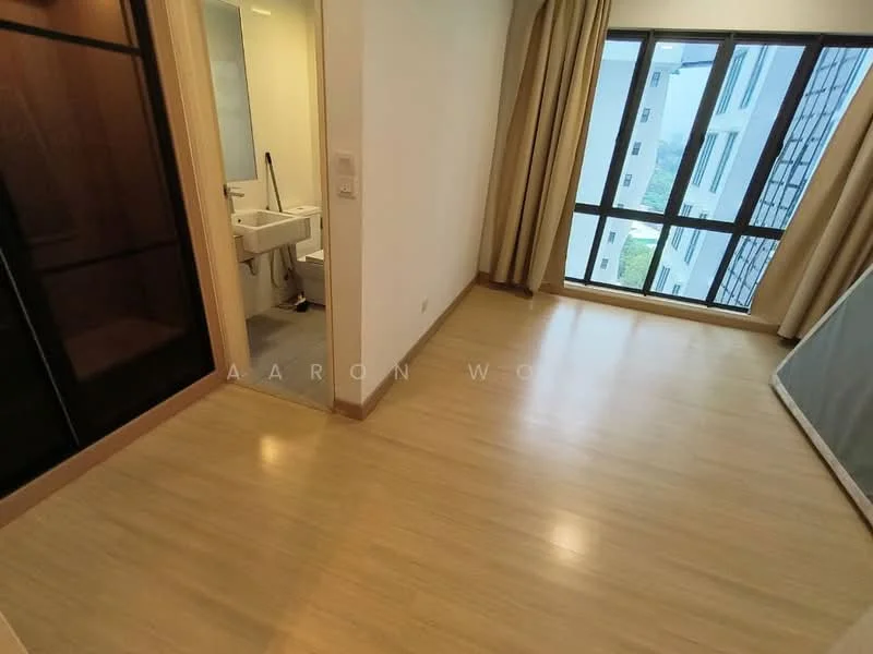 Room features: laminate flooring, large floor-to-ceiling windows, sheer curtains, neutral wall color, built-in wardrobe with sliding doors, corner view, natural light, minimalist decor; style: modern; view: garden.