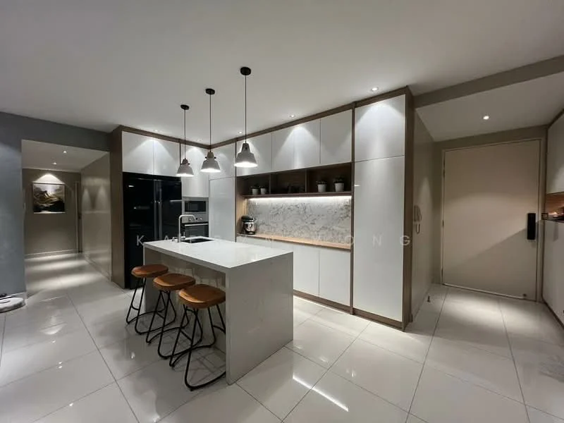Kitchen features: white marble countertop, white cabinetry with wood accents, black built-in oven, black refrigerator, stainless-steel sink, chrome pull-down faucet, 3 pendant lights above island, bar seating with 3 wooden stools, white tiled flooring, recessed downlights, wall-mounted cabinets, decorative wall art, open shelving; style: modern.