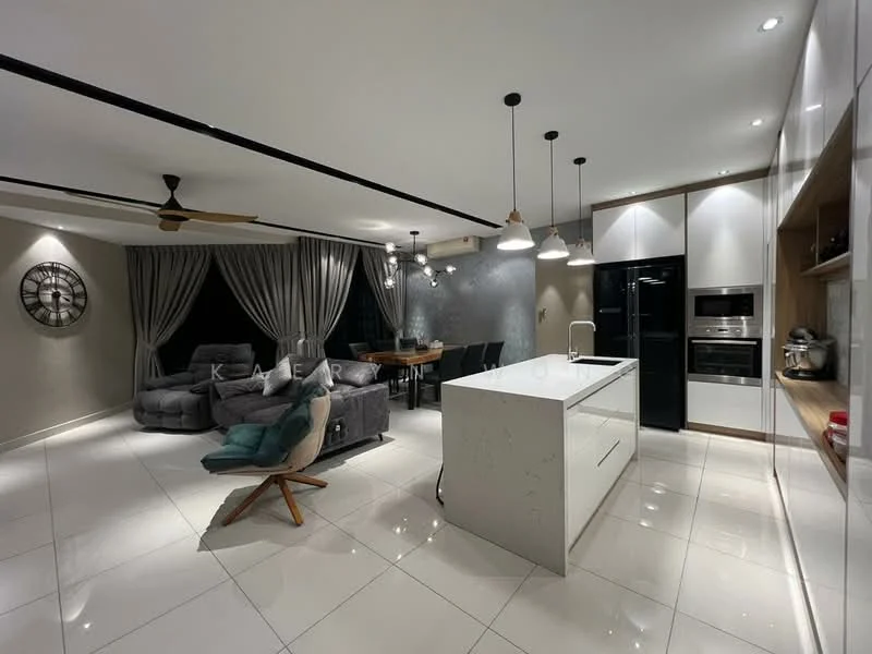 Kitchen features: white quartz countertop, single-bowl stainless-steel sink, chrome pull-down faucet, built-in oven, freestanding range oven, black refrigerator, white cabinetry, recessed downlights, pendant lights, tile flooring, open shelving; style: modern. Living features: 3-seater fabric sofa in grey, accent chair, dining table with chairs, wall clock, floor-to-ceiling windows with curtains, area rug, ceiling fan; style: modern.