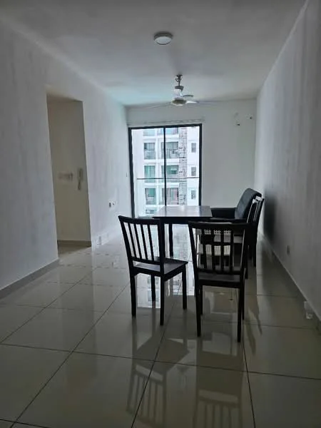 Dining features: white painted walls, glossy ceramic tile flooring, 5-blade ceiling fan with light, large sliding glass door, dining table with four black chairs, natural light from window, neutral color scheme; style: modern; view: city.