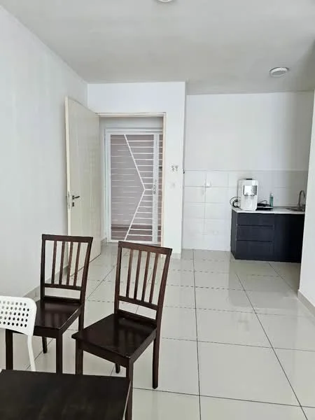 Kitchen features: white tiled walls, light grey cabinetry, stainless-steel sink, chrome faucet, built-in countertop, white ceramic tile flooring, refrigerator, kitchen appliances, wall-mounted cabinet, open layout, window, door to hallway; style: modern. Dining features: 4 wooden dining chairs, dark wooden dining table; style: modern.