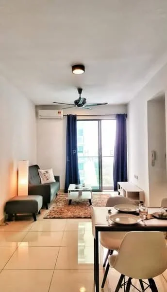 Living features: grey fabric sofa, coffee table, area rug with geometric pattern, floor-to-ceiling windows, blackout curtains, 5-blade ceiling fan with light, wall-mounted split AC, tile flooring, decorative wall art, TV console, dining table with white chairs; style: modern; view: city.