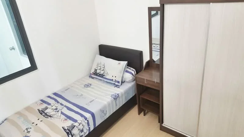 Bedroom features: single bed, bed with dark wood frame, nautical-themed bedding, wall-mounted mirror, wooden dresser with storage, light wood flooring, white painted walls, window with black frame; style: modern.