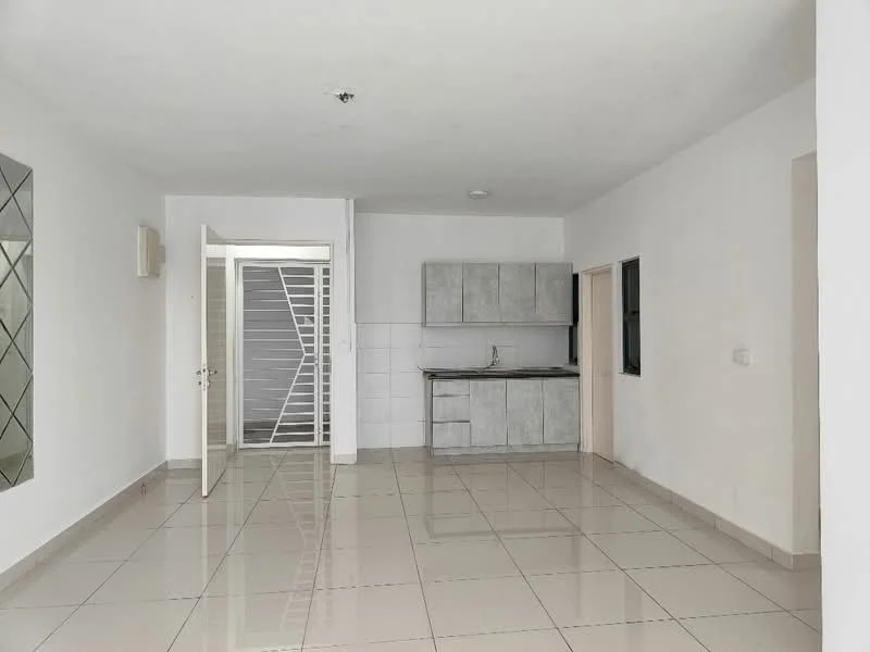 Living features: white painted walls, glossy ceramic tile flooring, kitchenette with grey cabinetry, single-bowl stainless-steel sink, countertop with grey finish, open layout, floor-to-ceiling window, door leading to exterior, recessed ceiling lights; style: modern.