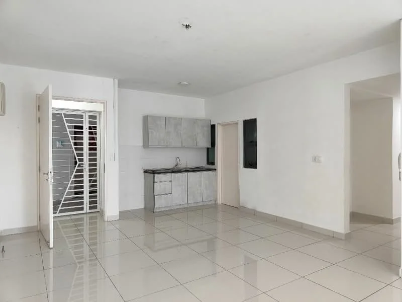 Living features: white painted walls, glossy ceramic tile flooring, recessed downlights, kitchenette with grey cabinetry, single-bowl stainless-steel sink, chrome pull-down faucet, countertop with grey finish, open layout, sliding glass door, air conditioning unit; style: modern.