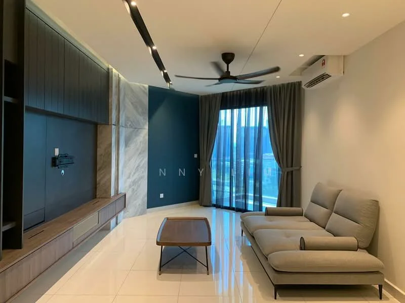 Living features: grey fabric 3-seater sofa, wooden coffee table, wall-mounted TV, built-in TV console with storage, white glossy tile flooring, blue accent wall, floor-to-ceiling windows, sheer curtains, ceiling fan with light, wall-mounted air conditioning unit, recessed downlights; style: modern; view: city.