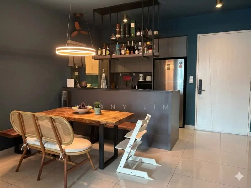 Dining features: wood dining table, 4 dining chairs, pendant light fixture, open shelving unit, stainless-steel fridge, kitchen island with bar seating, white cabinetry, grey countertop, ceramic tile flooring, blue accent wall, ceiling fan; style: modern.