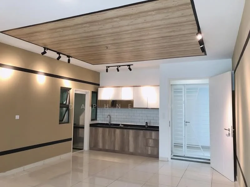 Kitchen features: wooden ceiling with recessed lighting, cream painted walls, grey tiled flooring, white upper cabinets, wooden lower cabinets, black countertop, white subway tile backsplash, single-bowl stainless-steel sink, chrome pull-down faucet, open layout to living area; style: modern. Room features: cream painted walls, grey tiled flooring, sliding glass door, natural light from window.