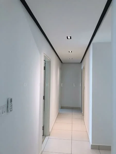 Hallway features: white painted walls, recessed LED downlights, tile flooring, black trim on ceiling, door frames, light switches, neutral color scheme; style: modern.