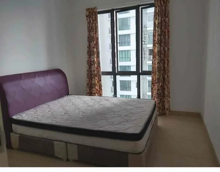 Bedroom features: purple upholstered headboard, queen-size bed with mattress, floor-to-ceiling windows, curtains with floral pattern, light wood flooring, white painted walls, built-in wardrobe, natural light from windows; style: modern; view: city.