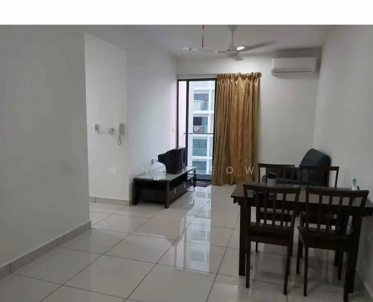 Living features: white painted walls, glossy ceramic tile flooring, 5-blade ceiling fan with light, wall-mounted air conditioning unit, large window with city view, curtains in beige, black TV console, black coffee table, 2-seater fabric sofa in dark color, 4-seater dining table with wooden chairs; style: modern; view: city.
