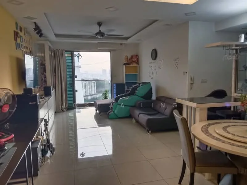 Living features: grey sectional sofa, green bean bag chair, round dining table, 4 dining chairs, white painted walls, glossy tile flooring, ceiling fan, floor-to-ceiling windows, curtains, decorative wall art, TV console, wall-mounted TV; style: modern; view: city.