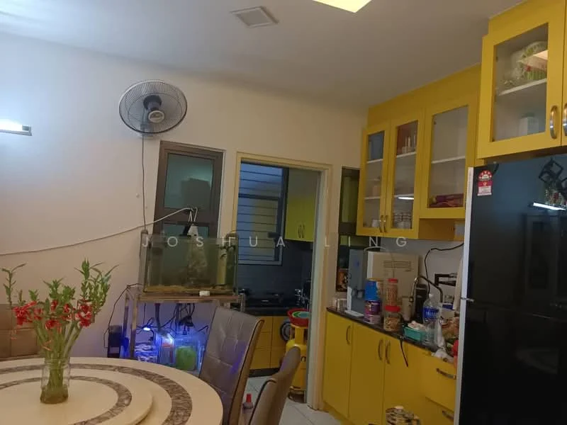 Kitchen features: yellow cabinetry, glass-front upper cabinets, black refrigerator, round dining table, grey upholstered dining chairs, wall-mounted ceiling fan, kitchen sink, countertop with decorative edge, aquarium, various kitchen appliances, window with view to outdoor area, tile flooring; style: modern.