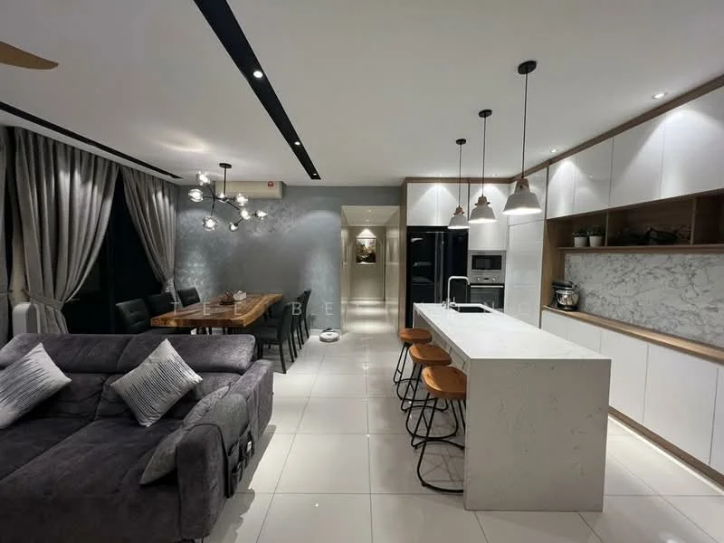 Living features: 3-seater fabric sofa in grey, decorative cushions, coffee table, area rug, wall-mounted TV, dining table for 6 with wooden chairs, pendant lighting, recessed downlights, floor-to-ceiling windows with sheer curtains, white walls with grey accent wall, marble tile flooring; style: modern. Kitchen features: kitchen island with white marble countertop, stainless-steel sink, chrome pull-down faucet, built-in oven, freestanding range oven, black refrigerator, white shaker cabinets, open shelving, pendant lights above island, tile backsplash; style: modern.